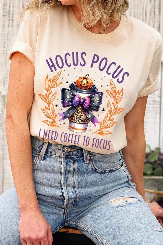 Hocus Pocus I Need Coffee To Focus Graphic TeeHocus Pocus I Need Coffee To Focus Graphic Tee.Unisex Crew Neck Short Sleeve Tees.Crafted from premium materials, tailored to your lifestyle, ensuring a comfortable 