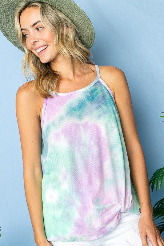 TIE DYE THERMAL CAMISOLE TOPTIE DYE THERMAL TWISTED FRONT BOTTOM CAMISOLE TOP96% POLYESTER, 4% SPANDEX MADE IN USAS/M/L 2-2-2
Style: casual
Print / Pattern: TIE DYE 
Fit: Loose
Embellishment: T