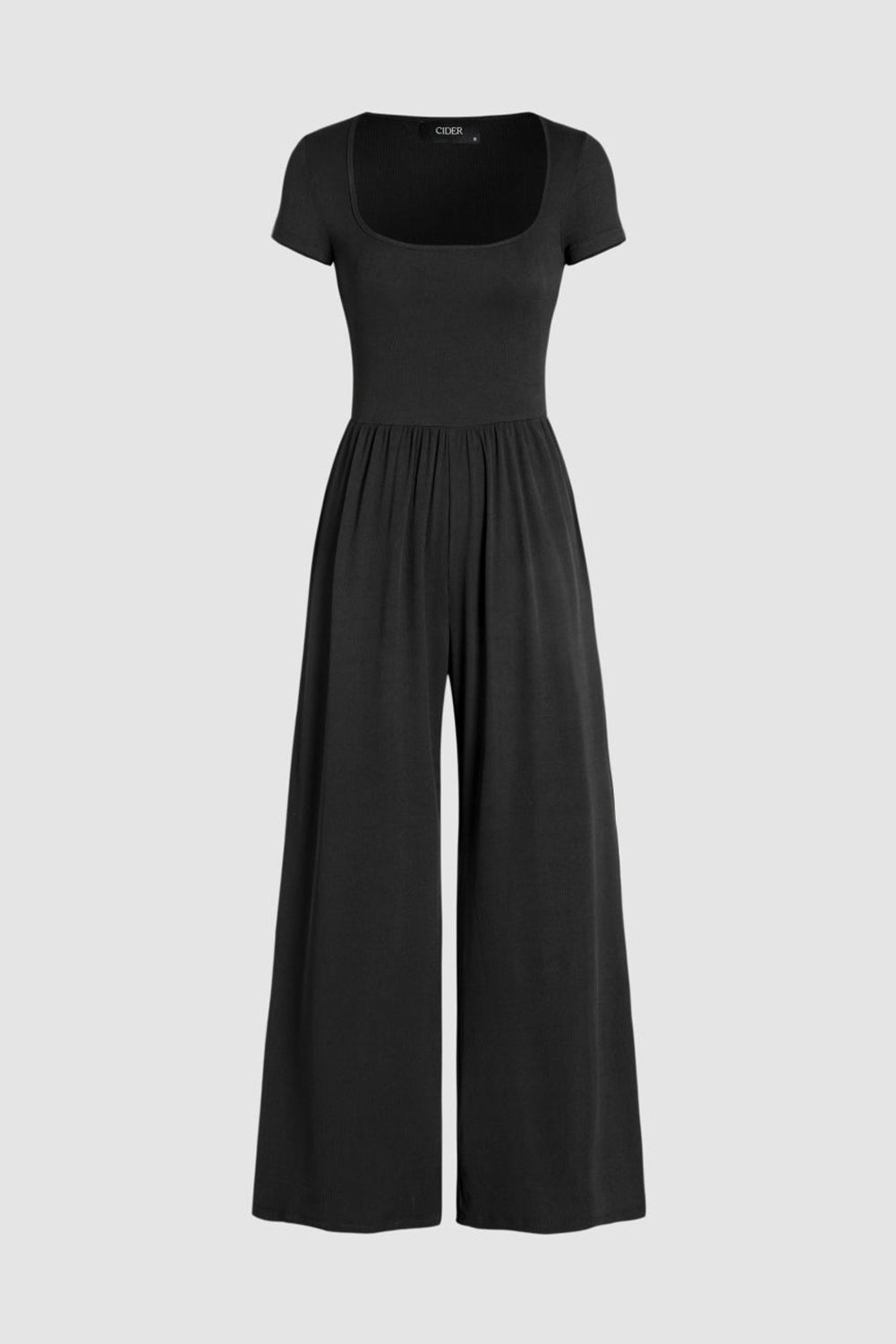 Black Pleated High Waist U Neck Short Sleeve JumpsuitMaterial:95%Polyester+5%Elastane

• Elevate your night club look with this chic black jumpsuit featuring a flattering high waist design and stylish pleats that effo