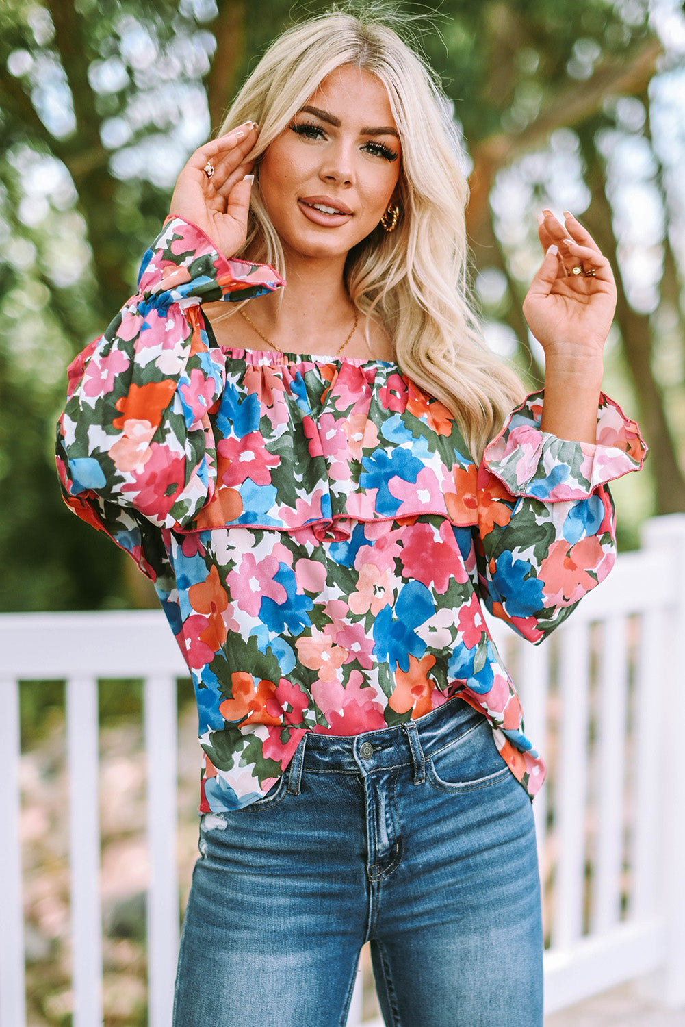 Multicolor Bohemian Floral Print Shirred Ruffle Off Shoulder BlouseMaterial:100%Polyester


	

			This floral print blouse is perfect to change a stylish summer look
		
		
			Featured with off-shoulder, puffy sleeve, and flora