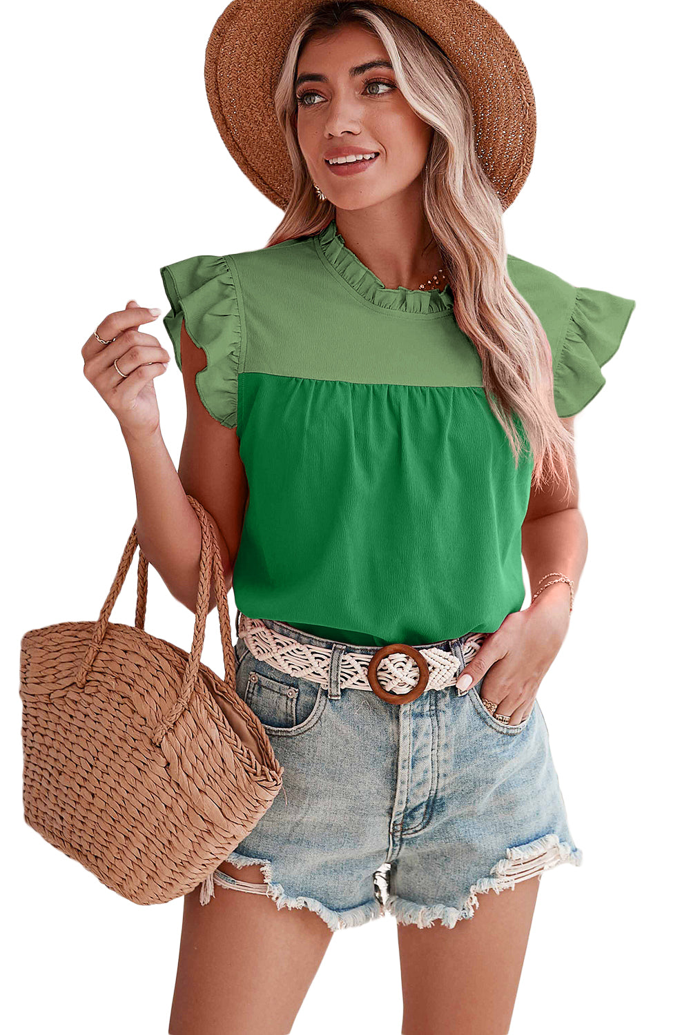 Bright Green Two Tone Pleated Ruffle Trim BlouseMaterial:95%POLYESTER+5%ELASTANE



		This blouse features a unique two-tone design, with contrasting colors on the upper and lower parts. 
	
	
		The pleated ru