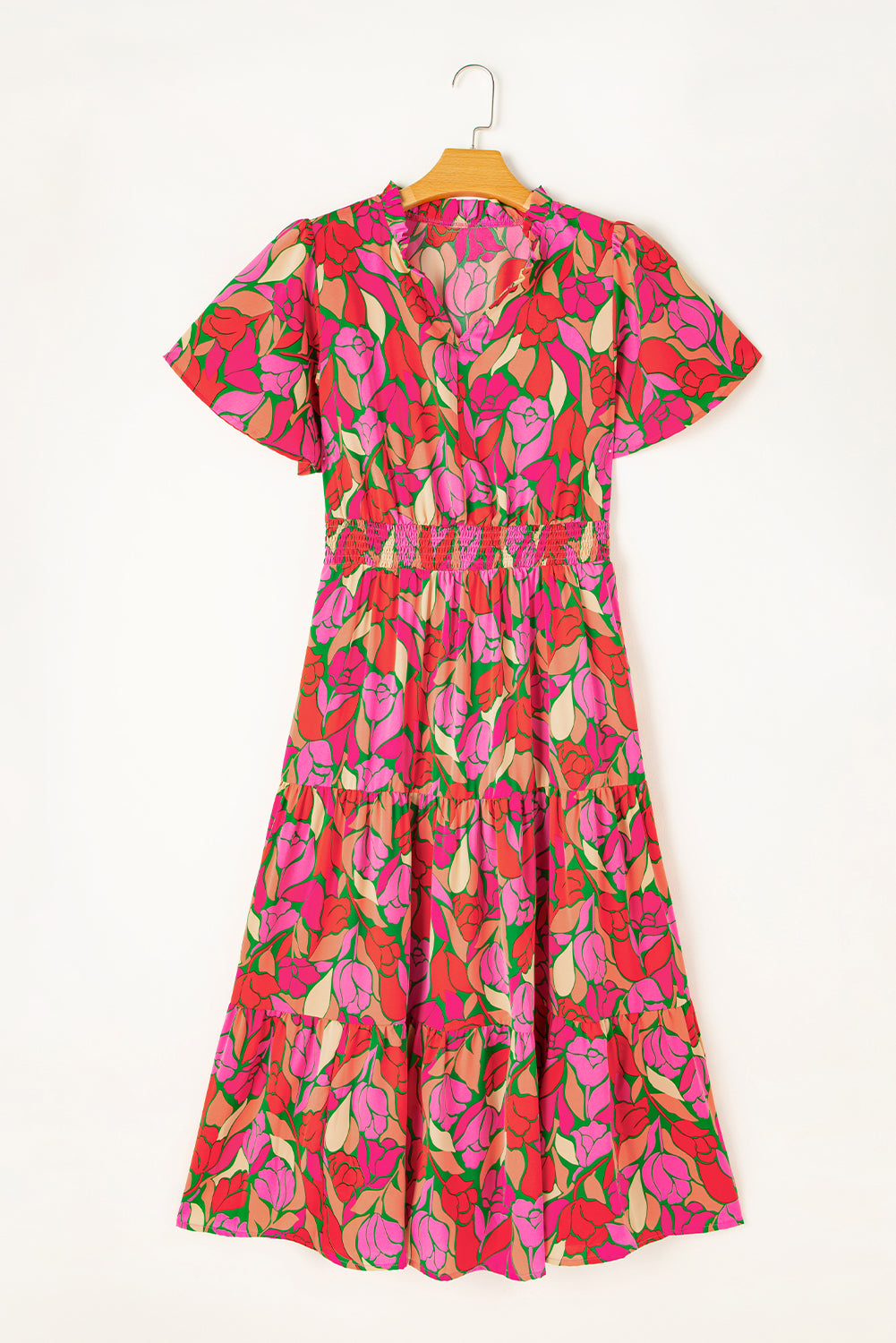 Rose Floral Flounce Sleeve Smocked Waist Tiered Maxi DressMaterial:100%Polyester

• Exude bohemian elegance in this maxi dress, featuring a smocked waist for a flattering silhouette.
• The tiered design adds a whimsical t