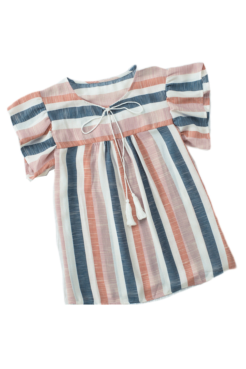 Pink and Blue Stripes Shirt Flutter Sleeve V Neck BlouseMaterial:100%Polyester


	•This simple striped print top looks very stylish and casual, and you'll get a lot of compliments wearing it 


	•Drawstring neckline 