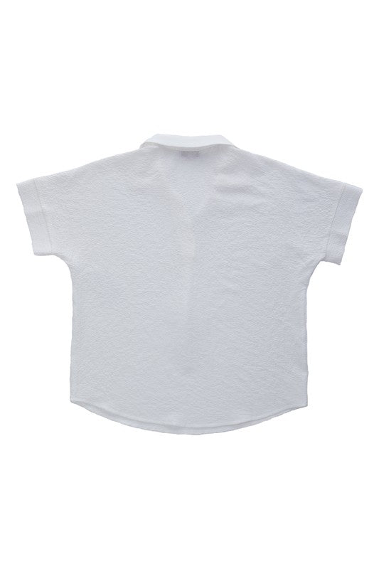 Shirt collared blouse- Shirt collared blouse- Pattern type : solid- Neck line : shirt collared- Sleeve type : regular sleeves- Sleeve length : short sleeves- Stretch : stretch- Sheer : n