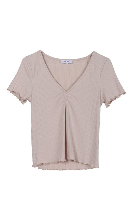 SS V neck top*V-neck short sleeve ribbed top*Pattern type : solid*Neck line : V neck*Sleeve type : regular sleeves*Sleeve length : short sleeves*Stretch : stretch*Sheer : not lin