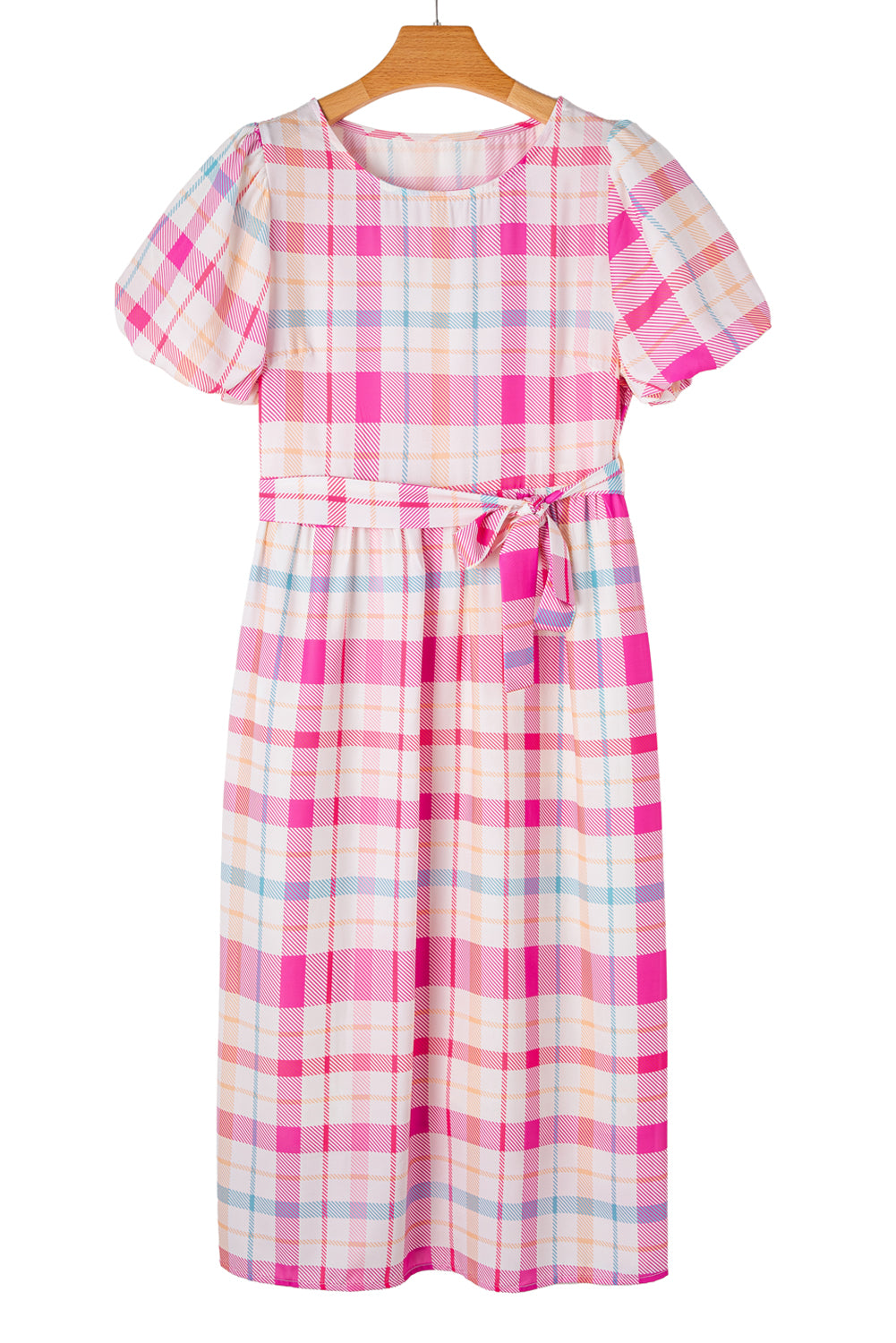 Pink Checkered Puff Sleeve Belted Midi DressMaterial:100%Polyester

• Embrace a charming look with the dress, featuring a delightful pink hue that adds a touch of femininity to any outfit.
• The knot detail 