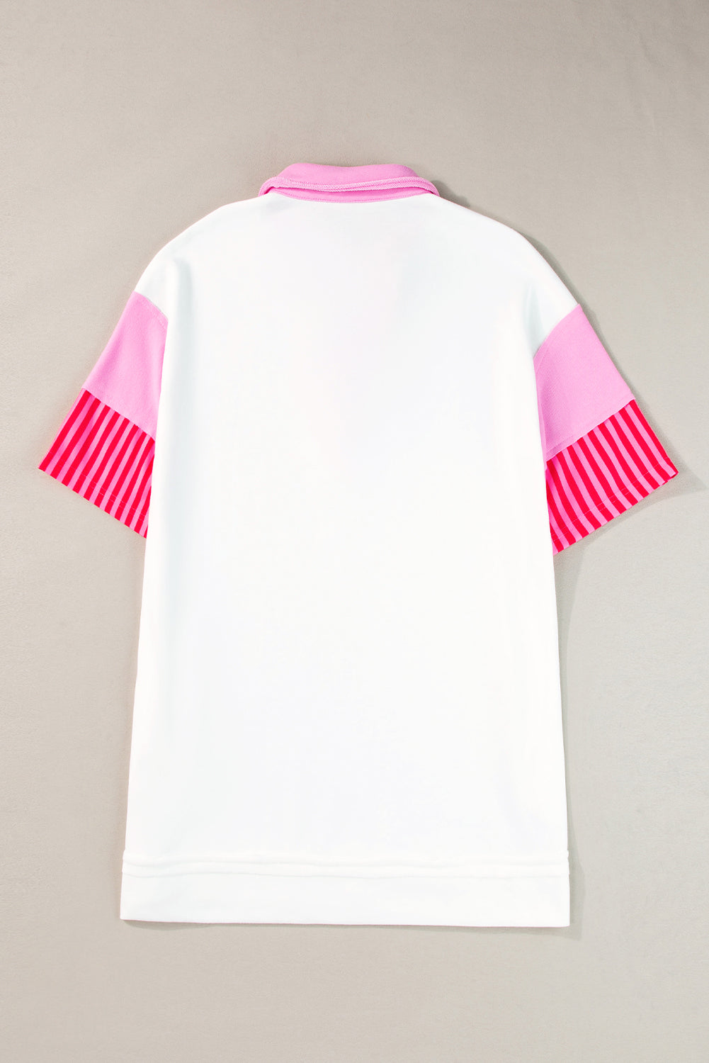 Pink Stripe Colorblock Sleeve Collared Mini DressMaterial:65%Polyester+35%Cotton

• The combination of pink and stripes adds a fun and trendy touch to your outfit.
• Embrace the relaxed vibes with the drop sleeve