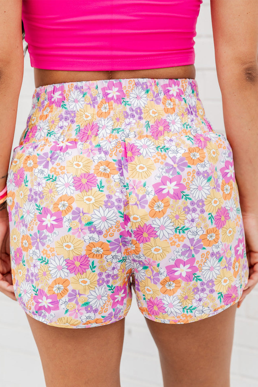 Pink Boho Floral Shirred High Waist Athletic Shorts