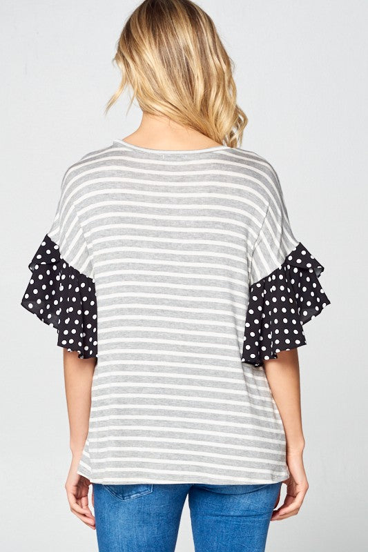 POLKA DOT RUFFLE SLEEVE TOPSTRIPE JERSEY WOVEN POLKA DOT MIX AND MATCH ROUND NECK RUFFLE SLEEVE TOP95% RAYON, 5% SPANDEX MADE IN USAS/M/L 2-2-2
Style: Casual
Print / Pattern: STRIPE and POLKA 