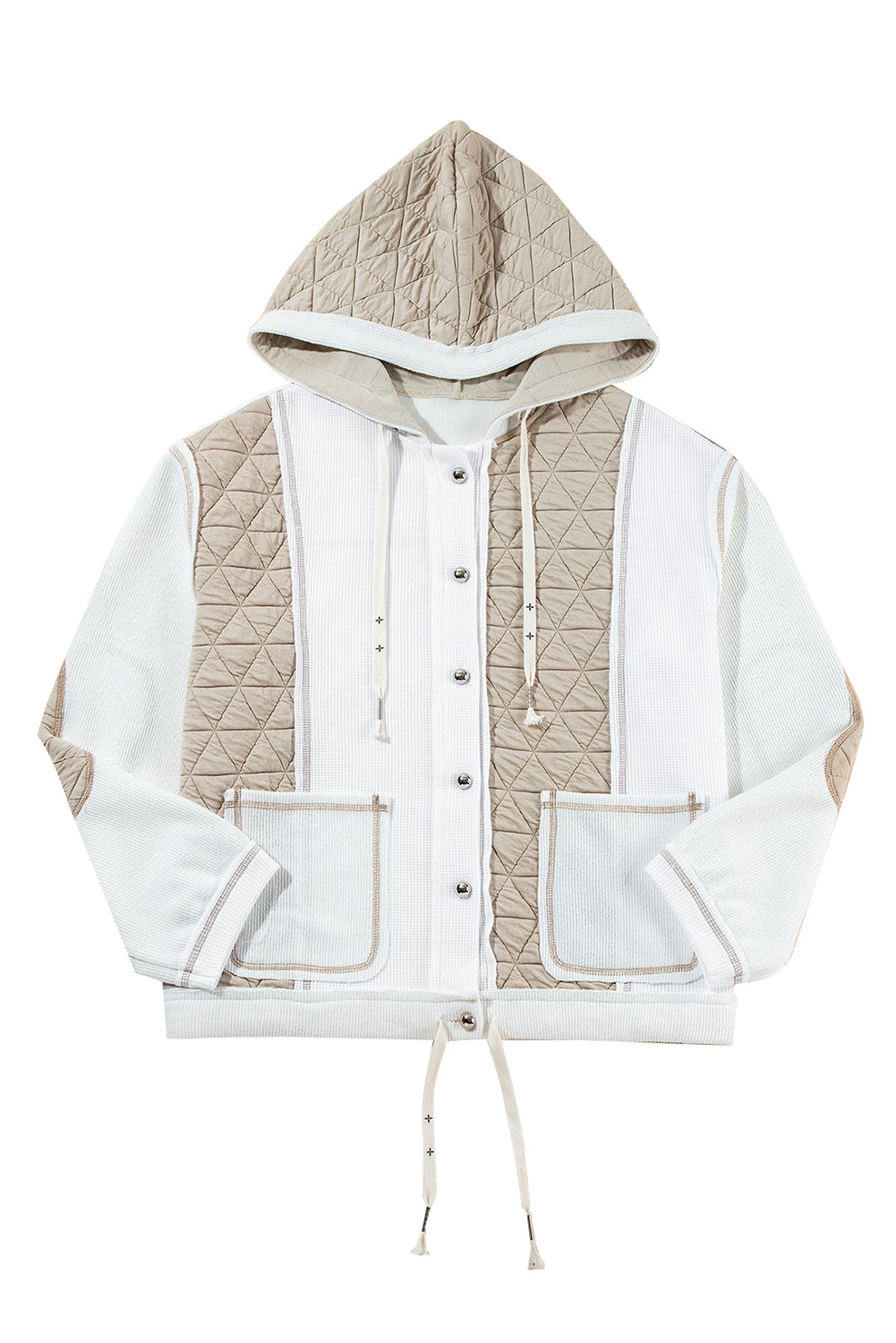 Jungle Green Quilted Textured Patchwork Hooded JacketMaterial:95%Polyester+5%Elastane

• Crafted in a soothing beige hue, this hooded jacket exudes casual charm, perfect for everyday wear.
• Featuring intricate patch