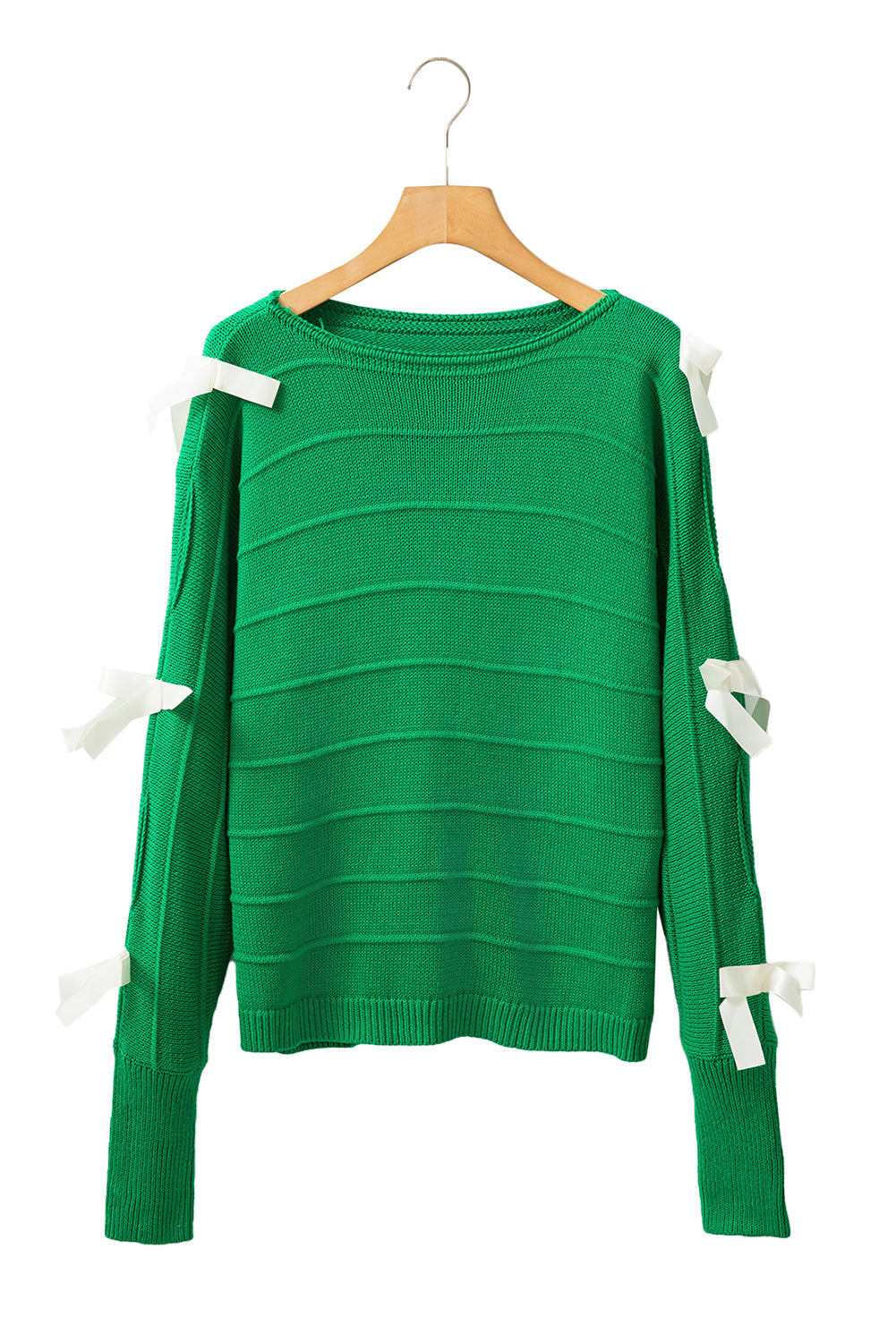 Bright Green Bow Knot Cut Out Round Neck Loose Sweater