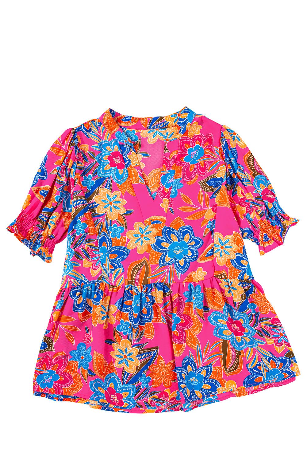 Rose Abstract Print Smocked Puff Sleeve V Neck Peplum BlouseMaterial:100%Polyester



		The chic printed design will be your new favorite
	
	
		This is a casual blouse for women finished with a ruffle hem
	
	
		It has