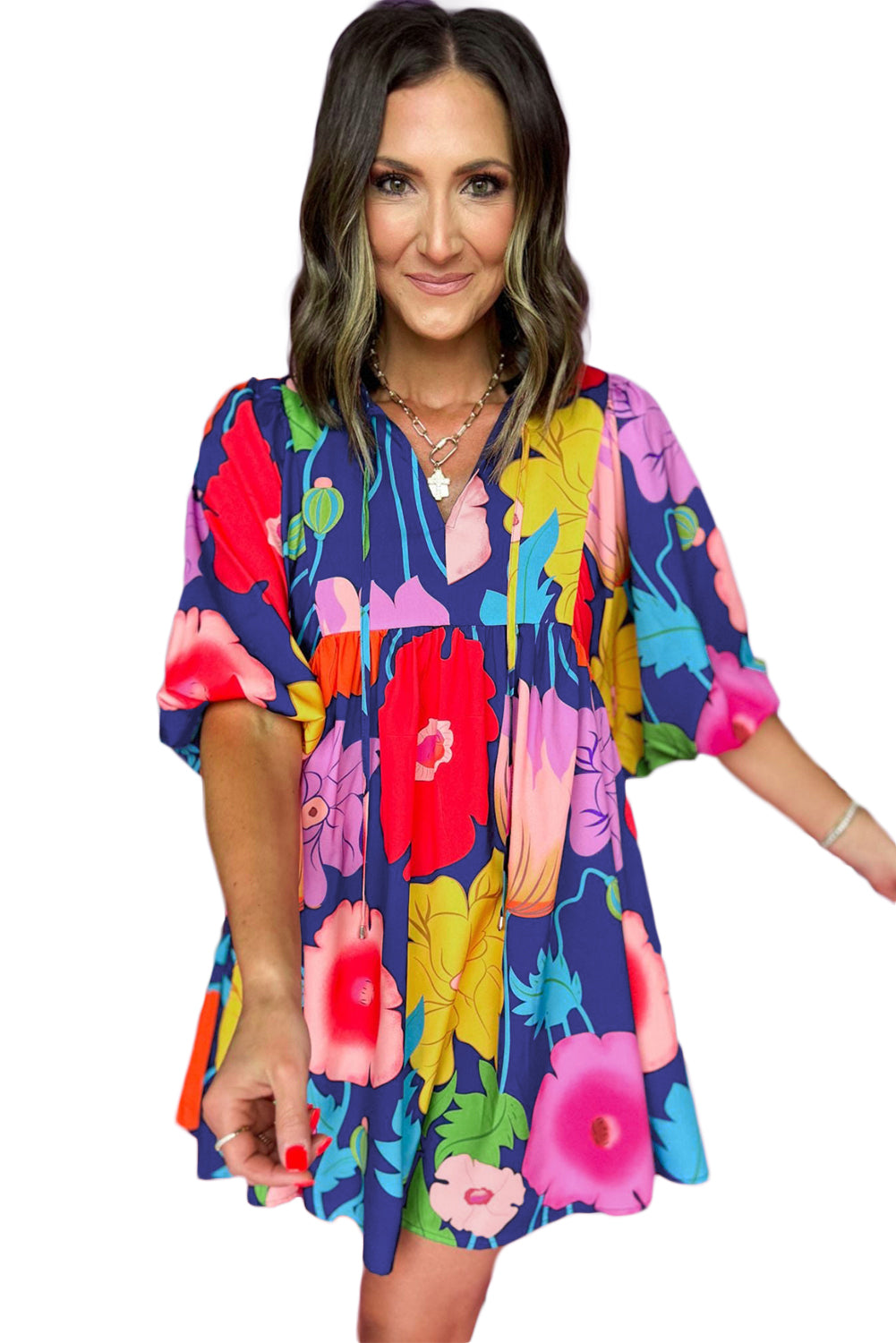 White Puff Sleeve Tied Split Neck Colorful Floral Flowy DressMaterial:100%Cotton


	


		Step into elegance with our mini dress, a vibrant and feminine piece designed to make a statement.
	
	
		This dress features charm