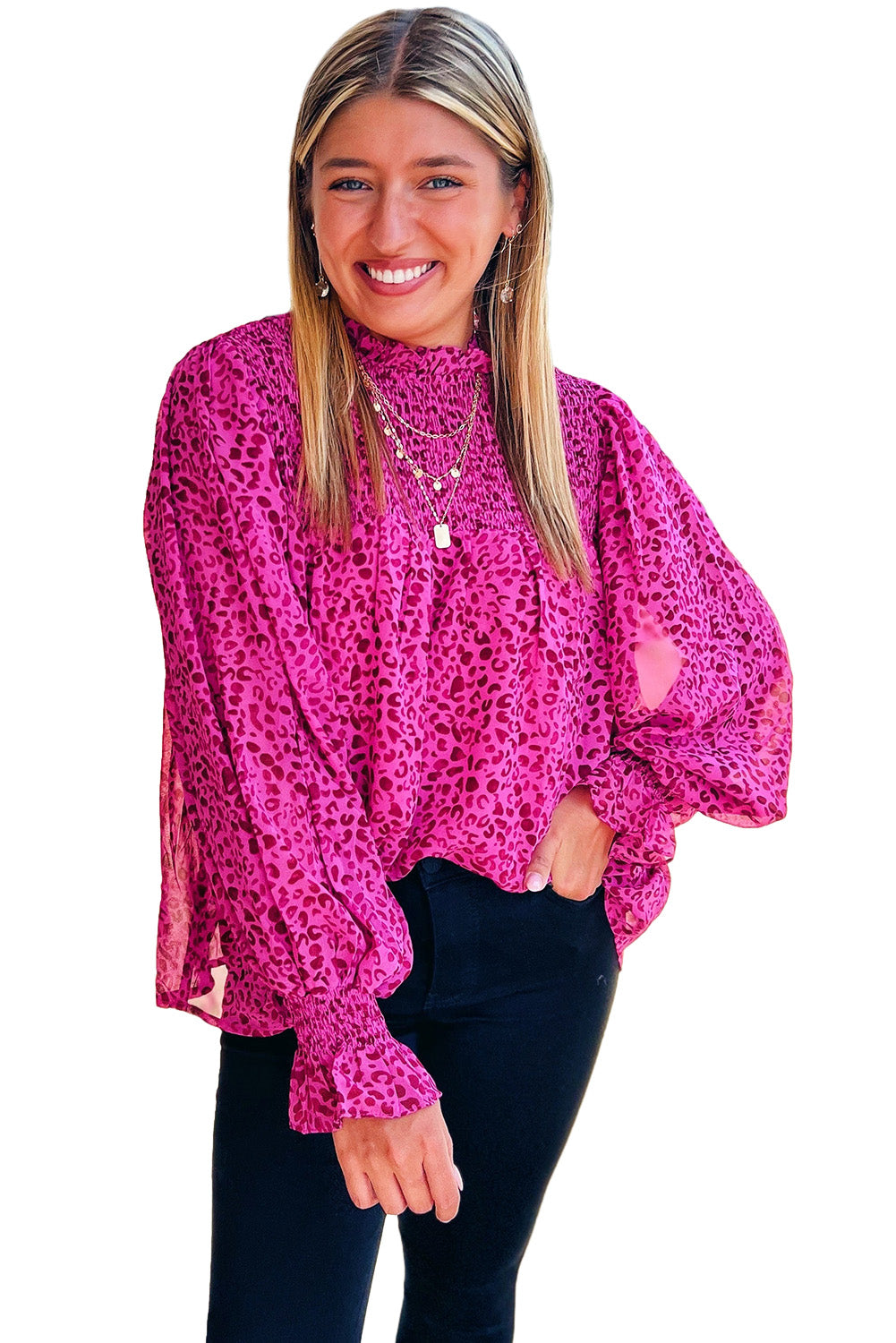 Rose Leopard Shirred Puff Sleeve Flowy BlouseMaterial:100%Polyester



		The blouse has a flowy silhouette, meaning it is loose and relaxed, draping away from the body. 
	
	
		The flowy silhouette of the b