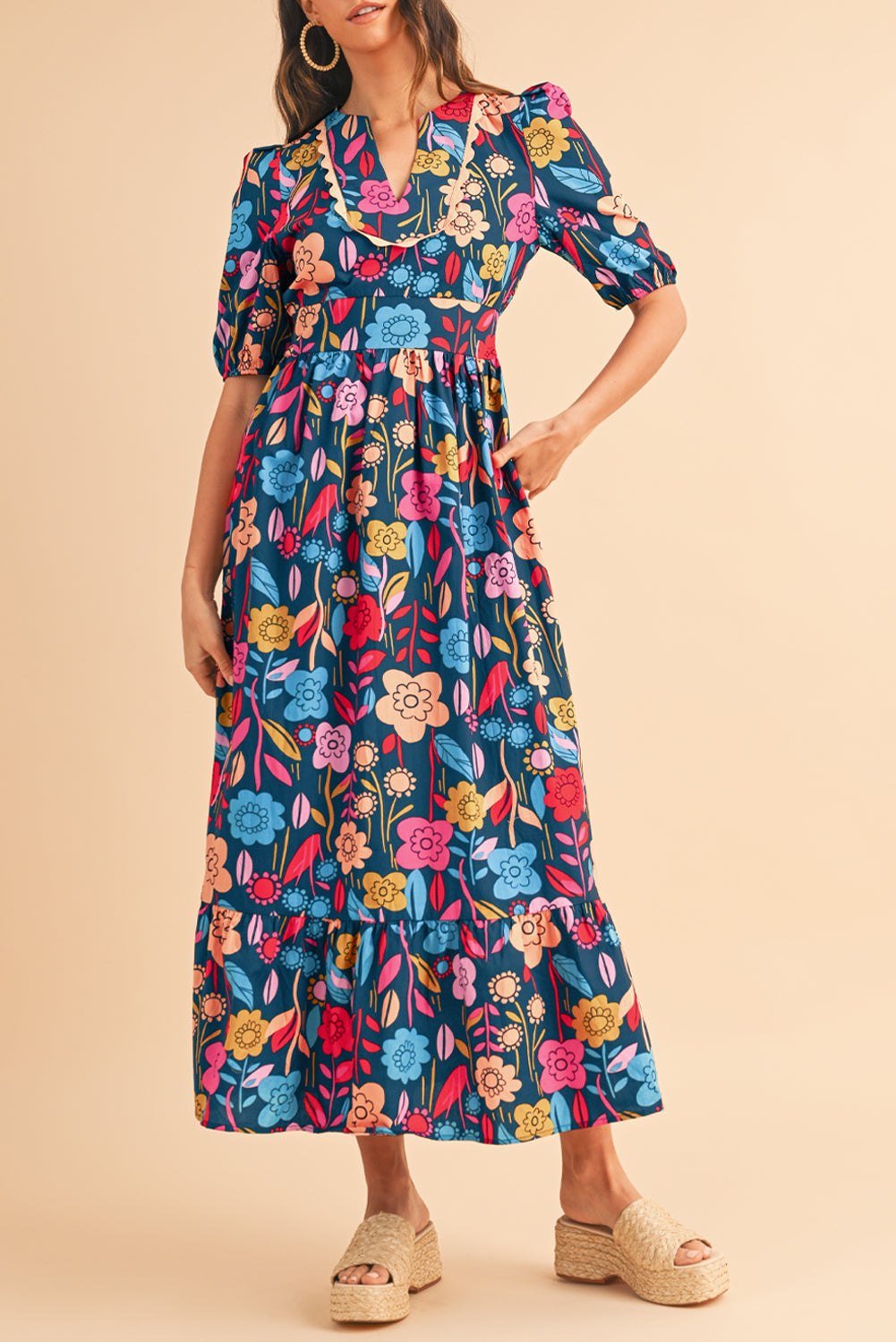 Green Floral Print Split V Neck Puff Sleeve Maxi DressMaterial:100%Cotton



		The dress is made from a soft and breathable fabric, ensuring comfort and a lightweight feel.
	
	
		This maxi dress features a split V 