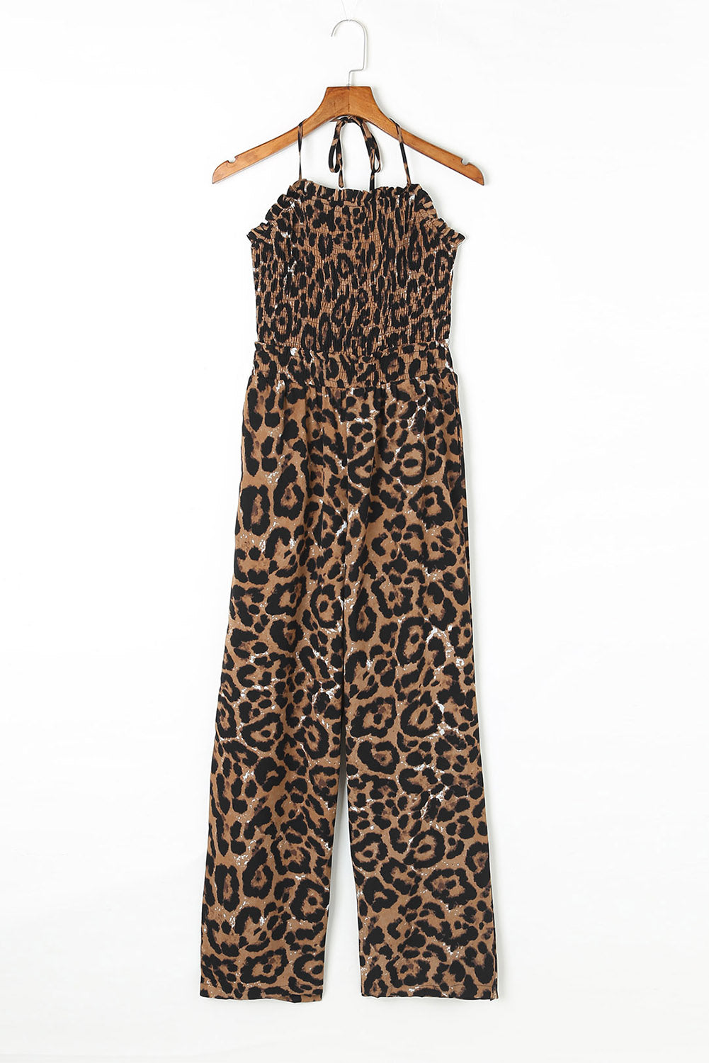 Cheetah Print Sexy Halter Backless Wide Leg JumpsuitMaterial:100%Polyester



		This leopard jumpsuit
is very sexy with a halter neck and sleeveless silhouette
	
	
		Smocked bust is chic
and elastic, cozy when 