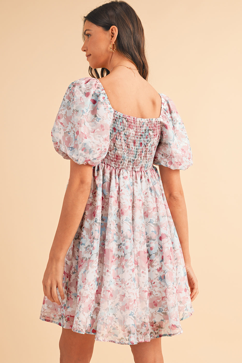 Pink Floral Lantern Sleeve Square Neck Ruffled Mini Dress