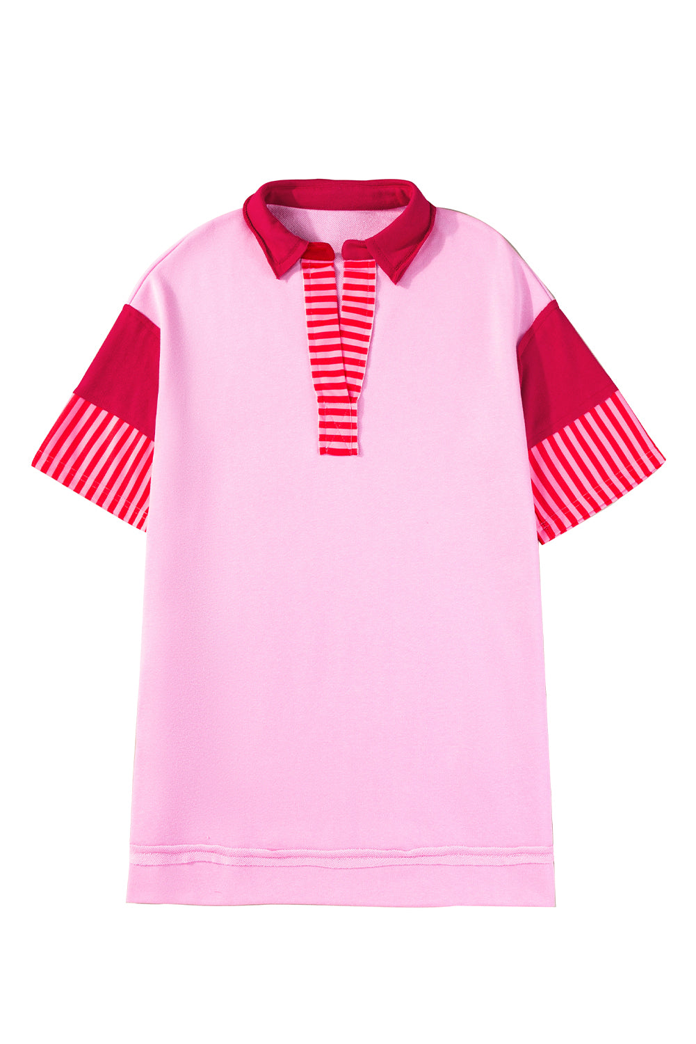 Pink Stripe Colorblock Sleeve Collared Mini DressMaterial:65%Polyester+35%Cotton

• The combination of pink and stripes adds a fun and trendy touch to your outfit.
• Embrace the relaxed vibes with the drop sleeve