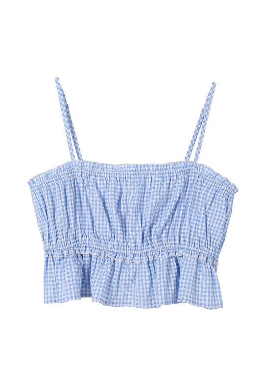 Blue gingham tank top*Blue gingham tank top*Pattern type : gingham *Sleeve length : sleeveless*Stretch : no stretch*Sheer : not lined, but not sheer*Care instruction : machine wash cold,