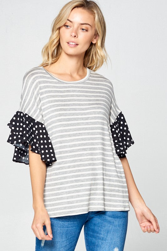 POLKA DOT RUFFLE SLEEVE TOPSTRIPE JERSEY WOVEN POLKA DOT MIX AND MATCH ROUND NECK RUFFLE SLEEVE TOP95% RAYON, 5% SPANDEX MADE IN USAS/M/L 2-2-2
Style: Casual
Print / Pattern: STRIPE and POLKA 