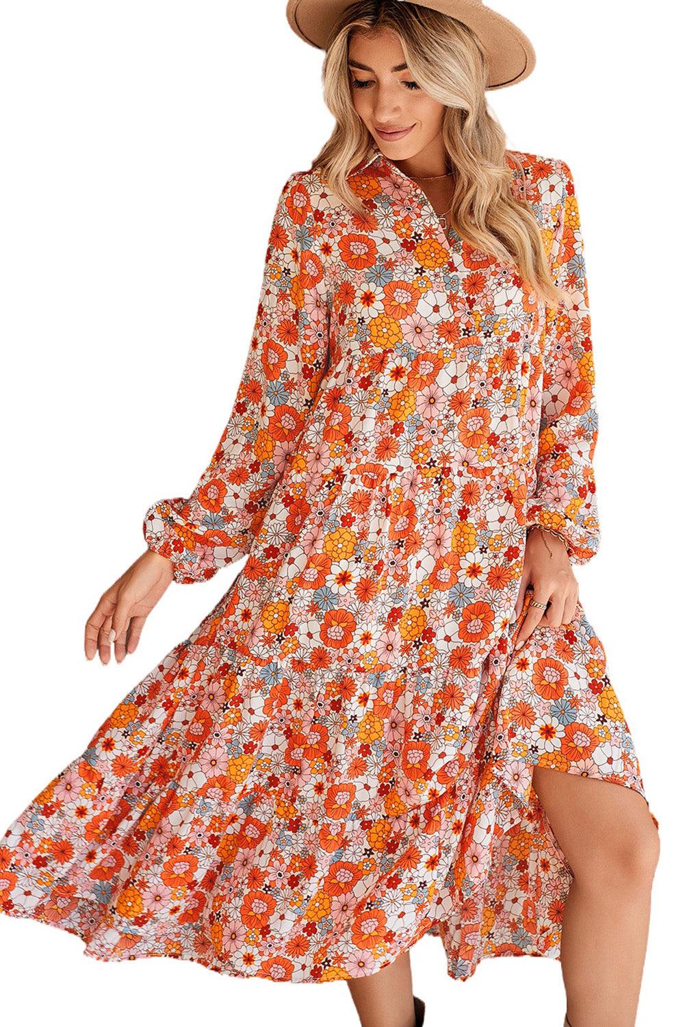 Multicolor Boho Floral Collared Long Sleeve DressMaterial:100%Polyester


	


		The dress is a whimsical and free-spirited dress that showcases a beautiful array of multicolor floral patterns.
	
	
		The coll