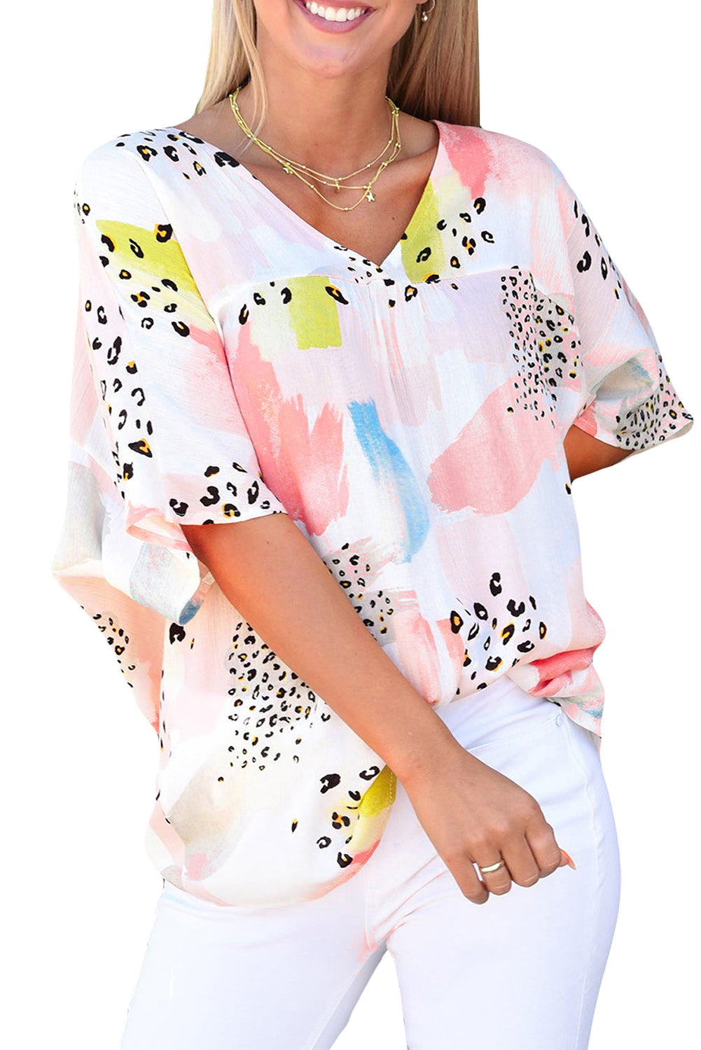 White Tie Dye Leopard Print Back Keyhole BlouseMaterial:95%POLYESTER+5%ELASTANE



		•Freshen your favorite separates with this stylish look from shewin, a vibrant top accented with flutter sleeves.
	
	
		•H