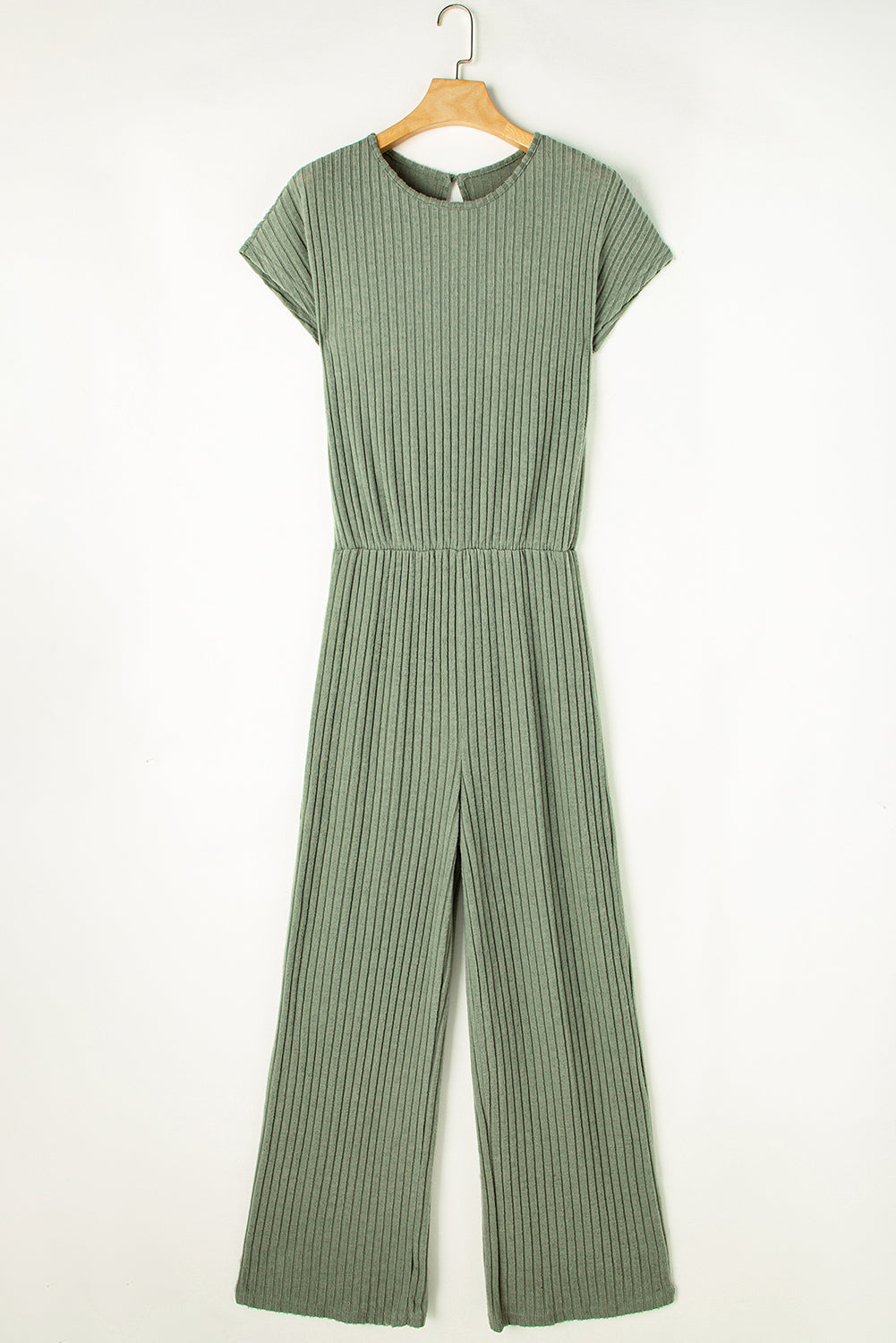 Grass Green Solid Color Ribbed Short Sleeve Wide Leg JumpsuitMaterial:85%Polyester+10%Viscose+5%Elastane



		The jumpsuit is a versatile and trendy one-piece outfit, featuring a solid color design that offers a sleek and mi