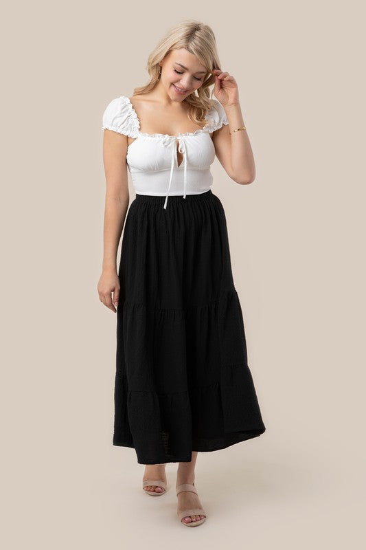 Tiered maxi skirt- Tiered maxi skirt- Pattern type : solid- Stretch : stretch- Sheer : Beige - lined and no see through / Black - not lined, but not very sheer- Care instruction : ma