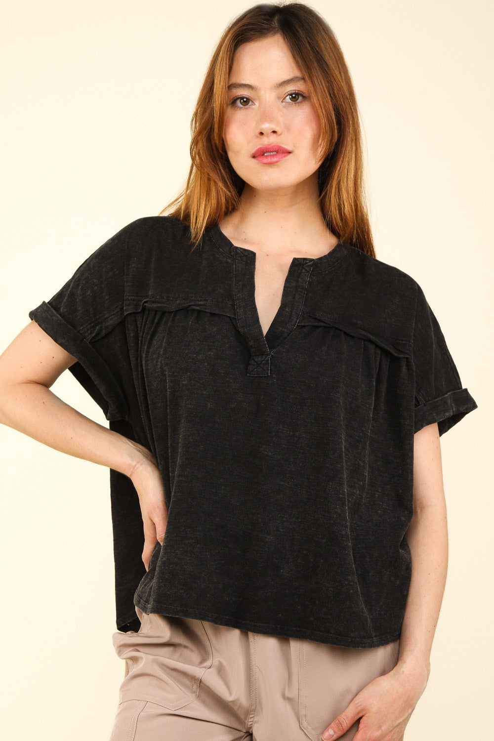 VERY J Nochted Short Sleeve Washed T-ShirtThe Notched Washed Knit Top features a stylish washed knit fabric for a laid-back yet trendy look. The short folded sleeves add a casual touch to the top, perfect fo