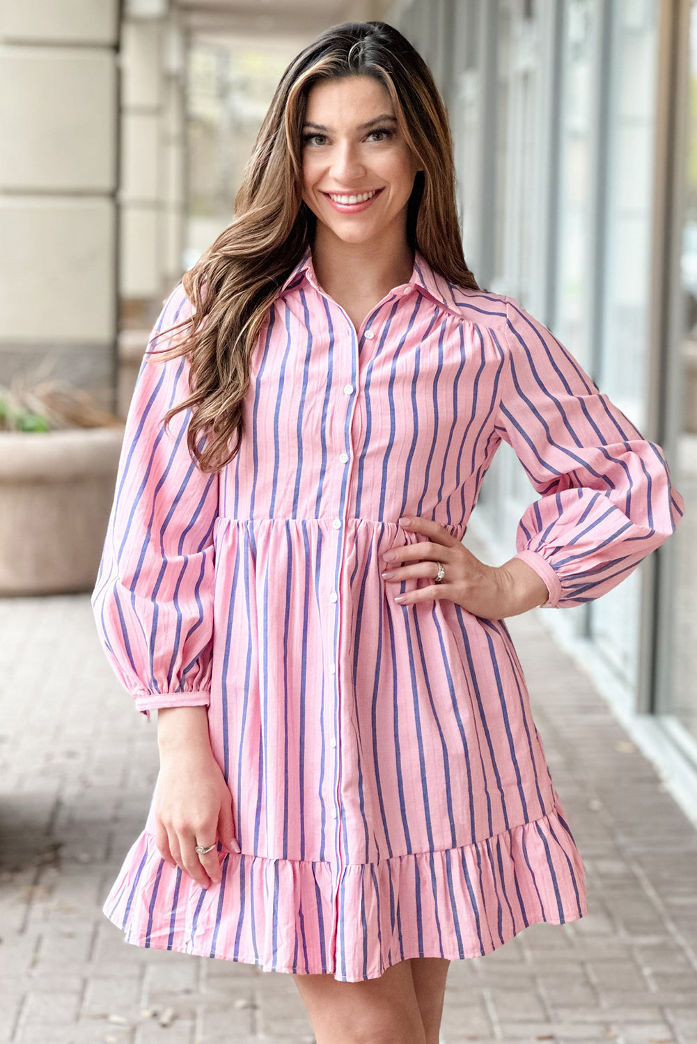 Pink Striped Button-up Mini Shirt Dress