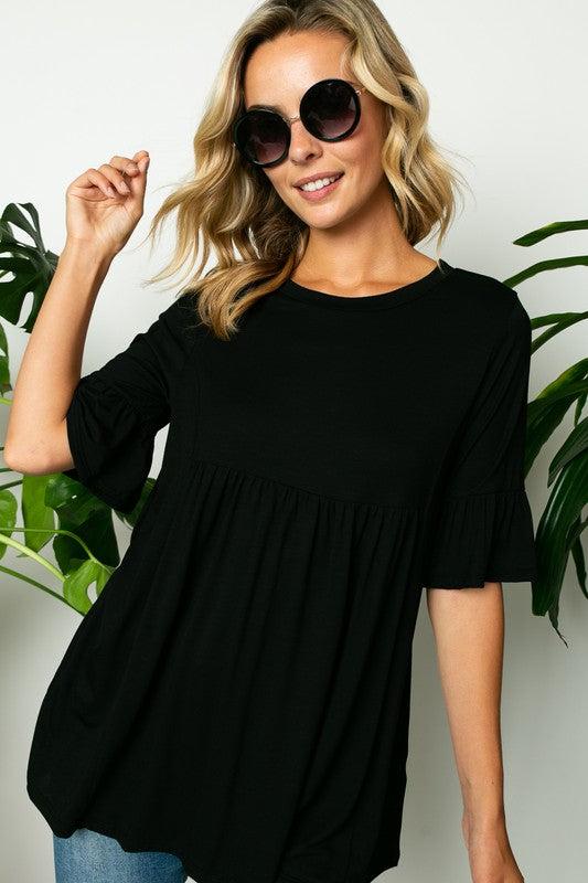 PLUS SOLID RUFFLE SLEEVE LOOSE TOPSOLID JERSEY ROUND NECK HALF RUFFLE SLEEVE LOOSE FIT PLUS TOP95% RAYON, 5% SPANDEX MADE IN USA1X/2X/3X 2-2-2
Style: Casual
Print / Pattern: SOLID
Fit: LOOSE FIT 
Nec