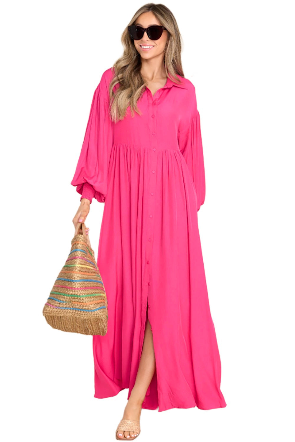 Rose Solid Color Bishop Sleeve Button Up Collared Shirt Dress