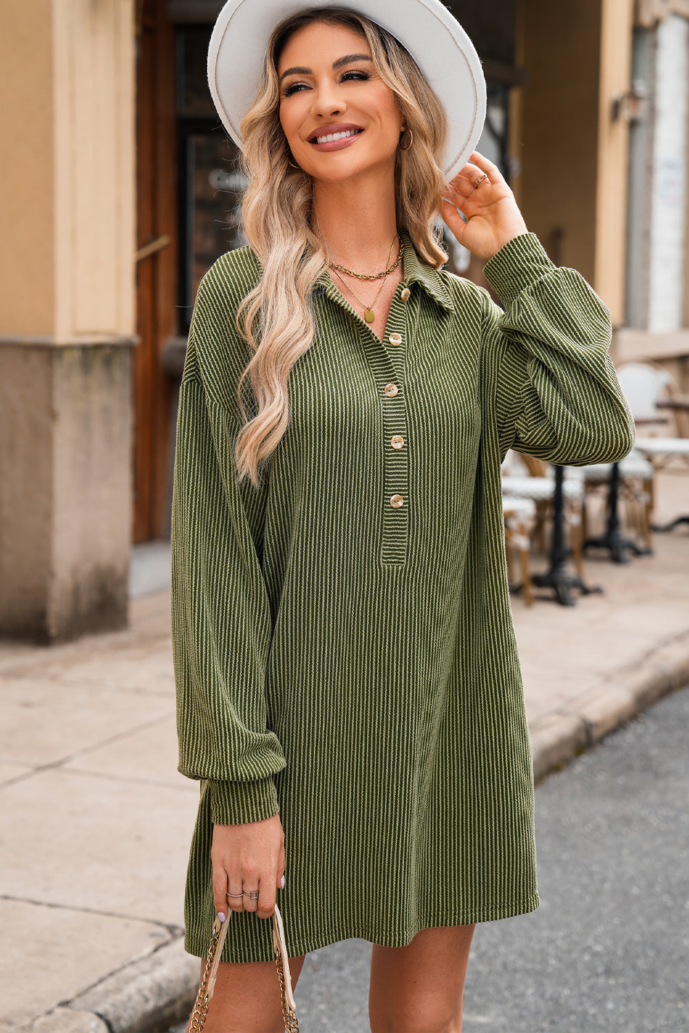 Moss Green Corded Buttons Placket Collared Shift Dress