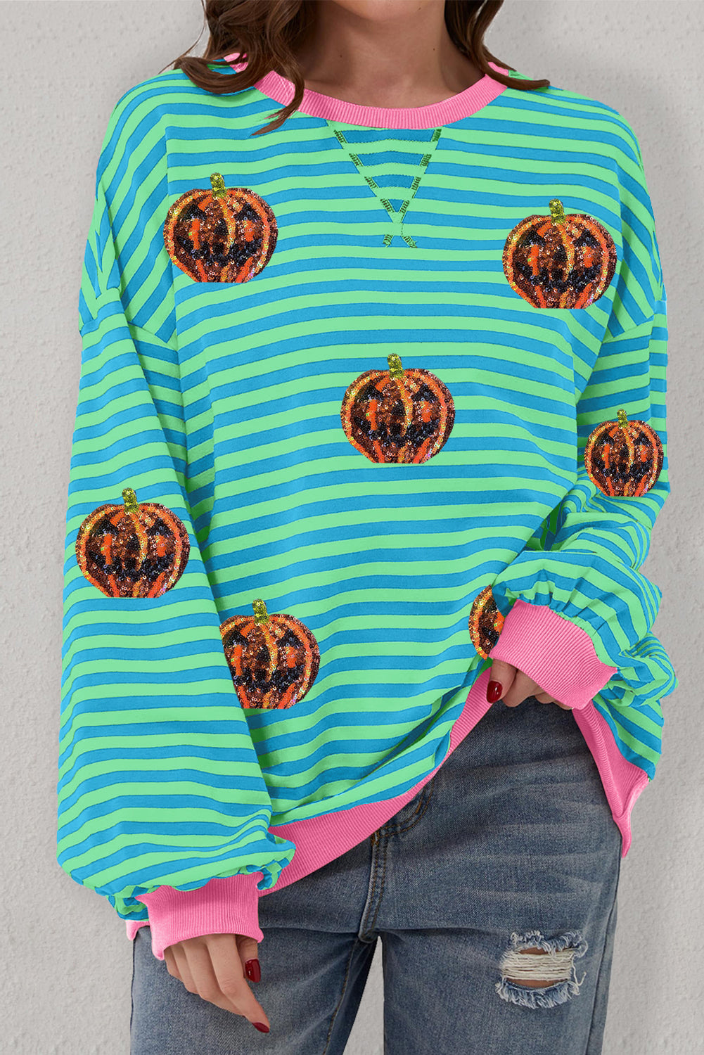 Green Stripe Funny Halloween Pumpkin Pattern Oversize SweatshirtMaterial:95%Cotton+5%Elastane

• Stand out this Halloween with the Green Stripe Funny Pumpkin  Oversize Sweatshirt, perfect for adding a touch of humor to your spoo