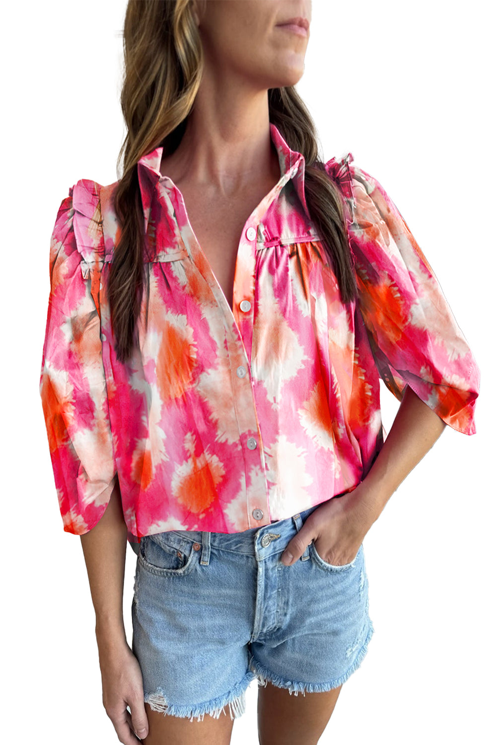 Multicolour Tie Dye Abstract Print Ruffle Puff Sleeve Pleated BlouseMaterial:100%Polyester



		This shirt features a unique tie-dye print that is sure to turn heads. 
	
	
		The vibrant colors and abstract design make it a perfe