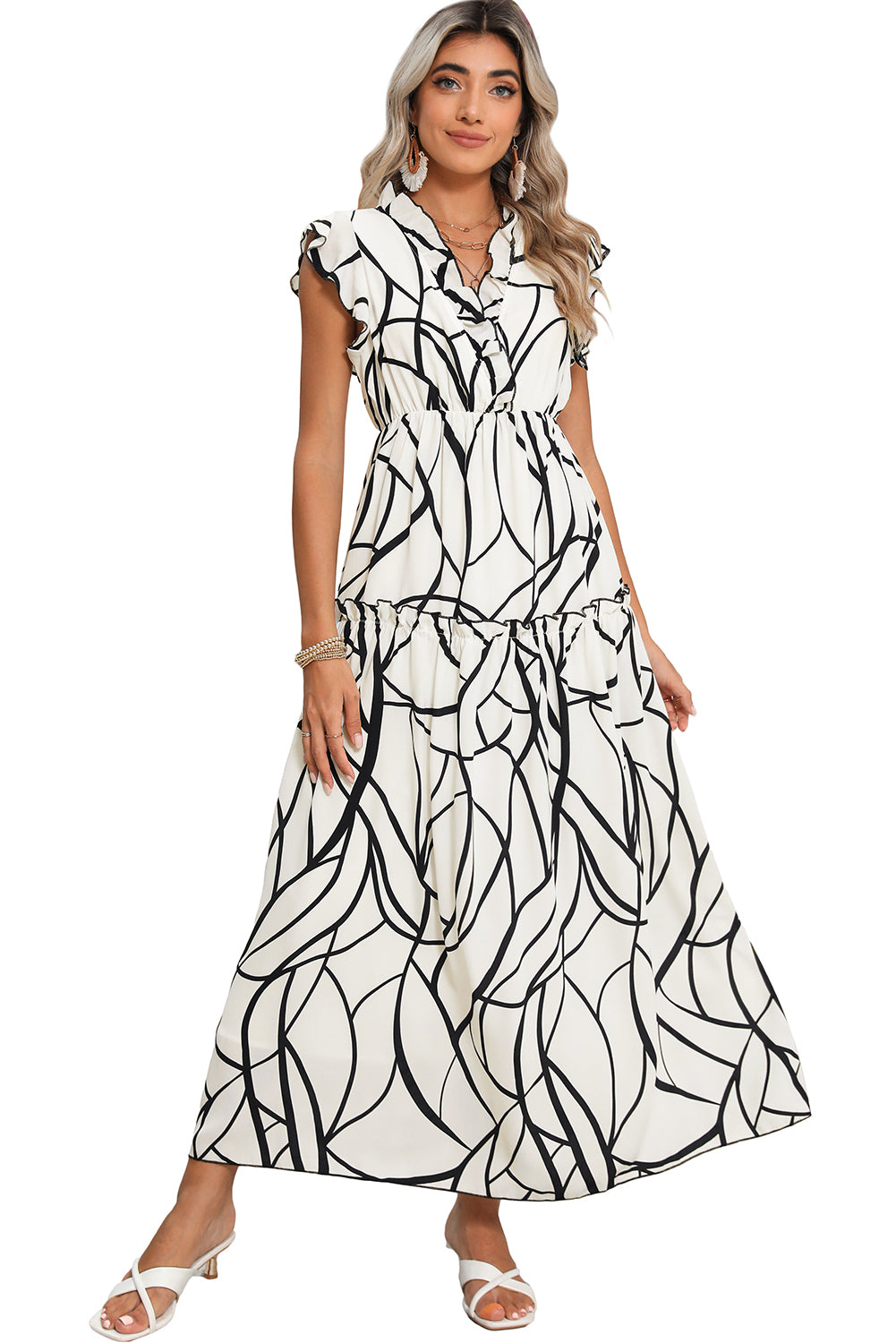 White Abstract Print V Neck Ruffle Maxi DressMaterial:100%Polyester



		The dress has a V-neckline, which adds a touch of femininity to the overall look. 
	
	
		It also has ruffle details on the shoulders