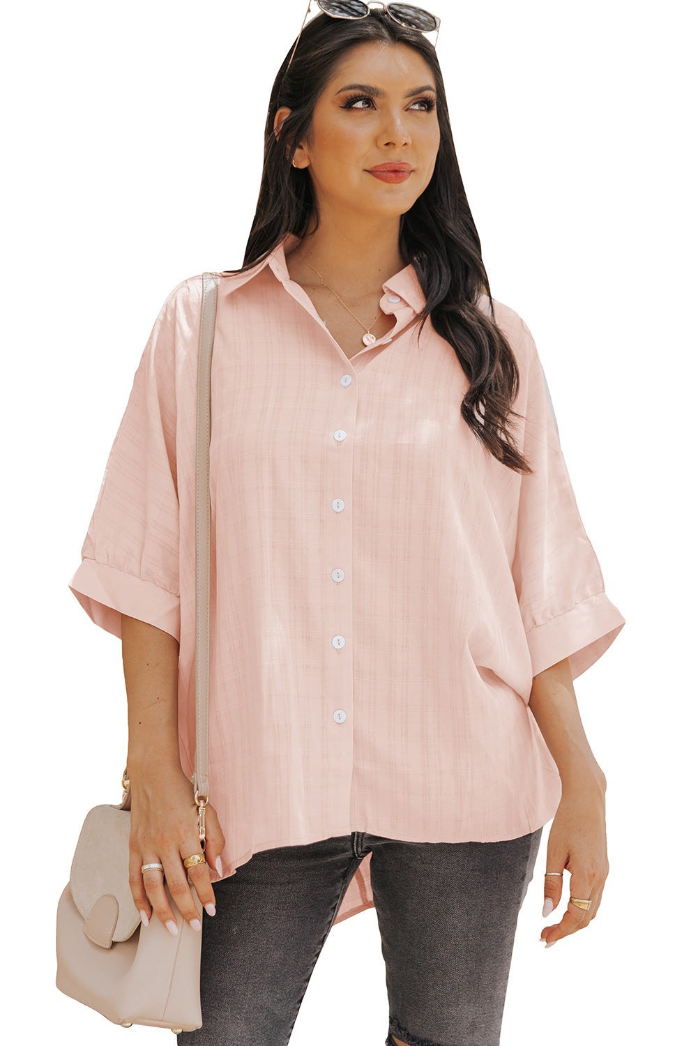 Pink Half Sleeve Collared Button Up BlouseMaterial:100%Polyester



		It features a flattering high-low hemline for a stylish touch.
	
	
		The collared design adds a touch of sophistication.
	
	
		Th