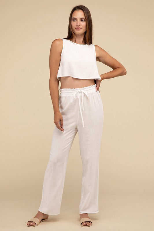 D-Linen Blended Top and Pants SetIndulge in the luxurious comfort of our D-Linen Blended Top and Pants Set. Crafted from a soft rayon-linen blend fabric, this matching set offers both style and comf