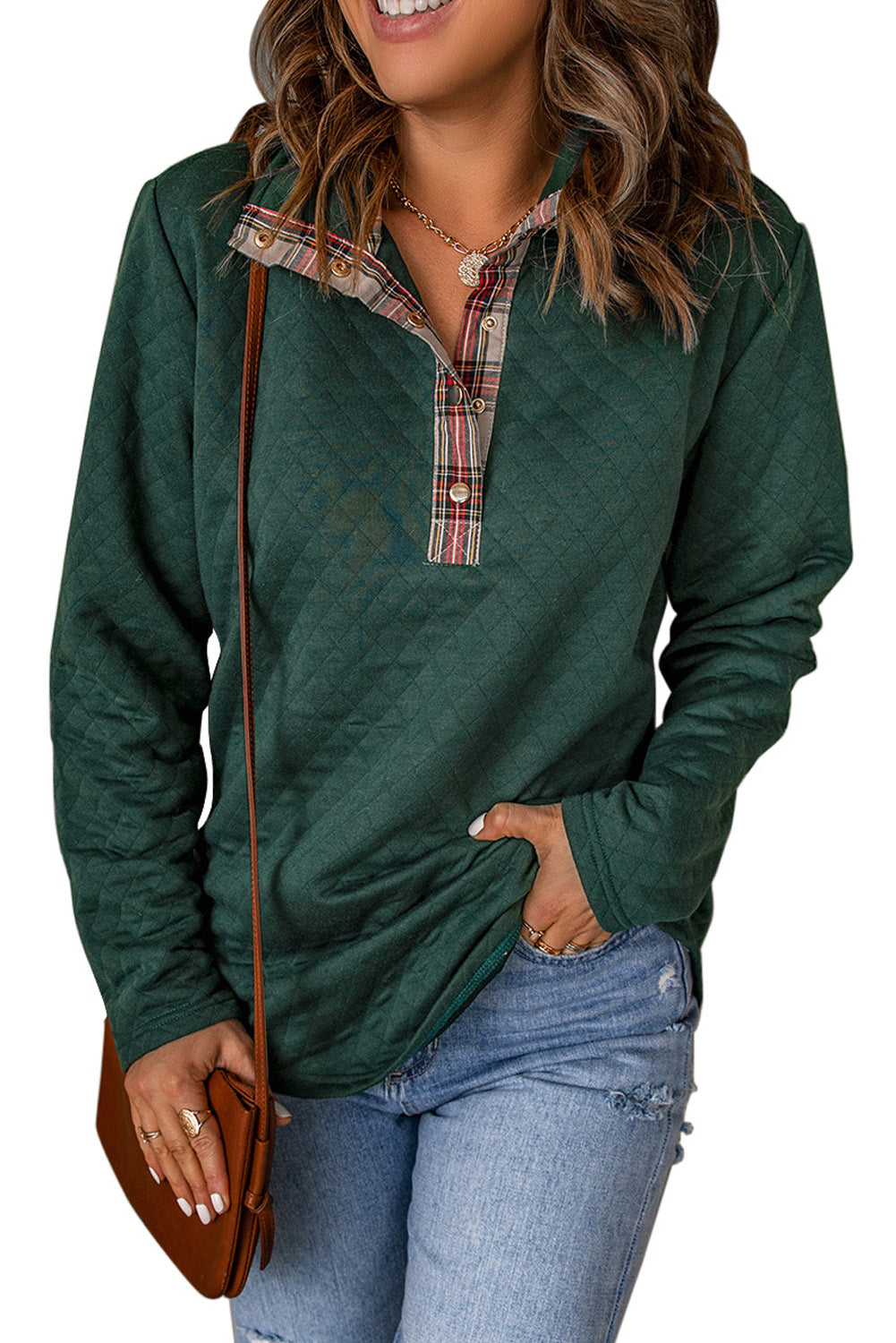 Red Plaid Geometric Texture Trim Button Neck Sweatshirt