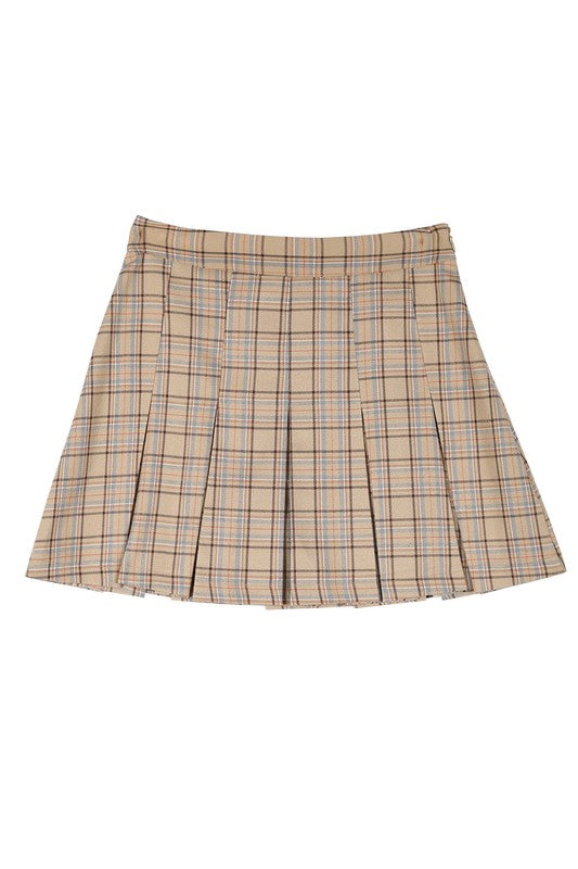 Plaid pleated mini skirt- Plaid pleated mini skirt, 6 pin-tucks for each front and back, side zipper for opening- Pattern type : plaid- Stretch : stretch- Sheer : not lined, but not sheer- 