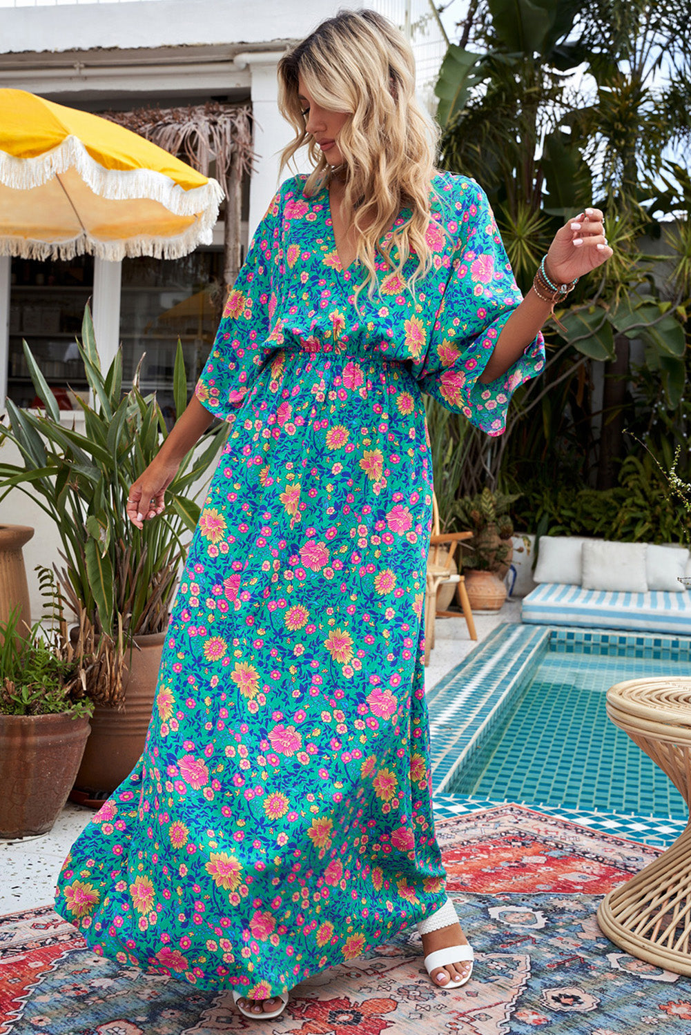 Floral Print Deep V Neck Flutter Sleeve Boho Maxi Dress