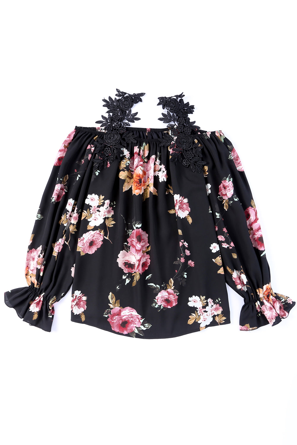 Black Floral Print Lace Loose Off Shoulder BlouseMaterial:100%Polyester



		The cold shoulder
design makes this blouse much sexier than you think
	
	
		The sleekness and
silkiness touch gives endless comfor