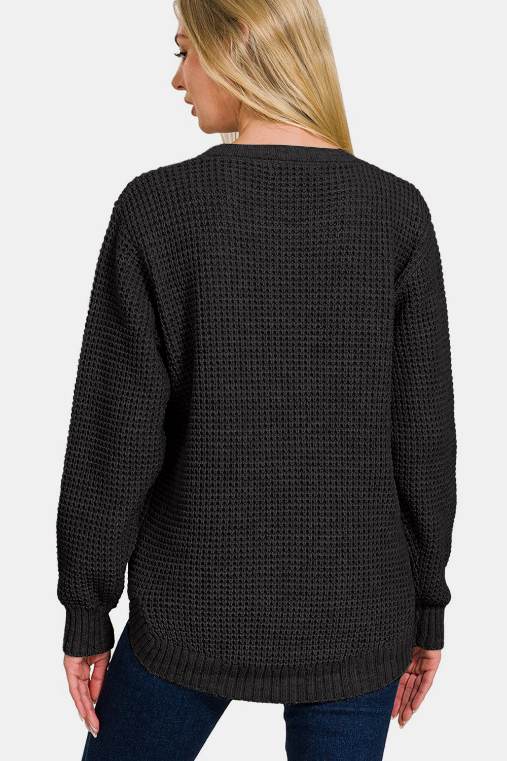 Zenana High Low Long Sleeve Waffle SweaterStay cozy and chic in this High Low Long Sleeve Waffle Sweater. With its unique waffle texture and flattering high-low hemline, this sweater is perfect for casual da