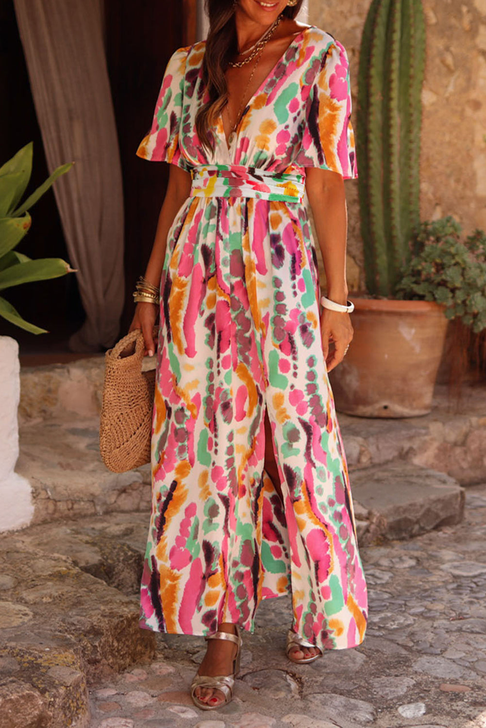 Pink Boho Tie Dye Print V Neck Side Split Maxi DressMaterial:100%Polyester



		The dress features a blend of vibrant colors, creating a unique and stylish look that's perfect for making a bold fashion statement.
	