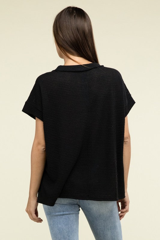 Brushed Waffle Exposed-Seam Short Sleeve TopElevate your casual wardrobe with this Brushed Waffle Top, featuring side slits, exposed seam details, and a stylish hi-low hem. Perfect for a relaxed yet trendy loo