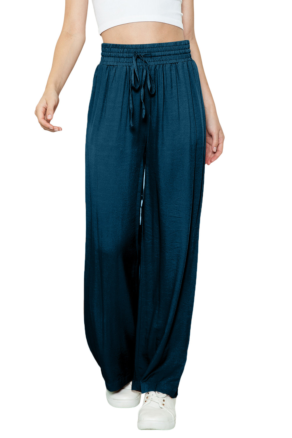 Blue Casual Drawstring Shirred Elastic Waist Wide Leg PantsMaterial:65%Viscose+35%Polyester



		These wide leg pants
are casual and comfy with a loose fit style
	
	
		The smocked waist
design is fashionable and very 