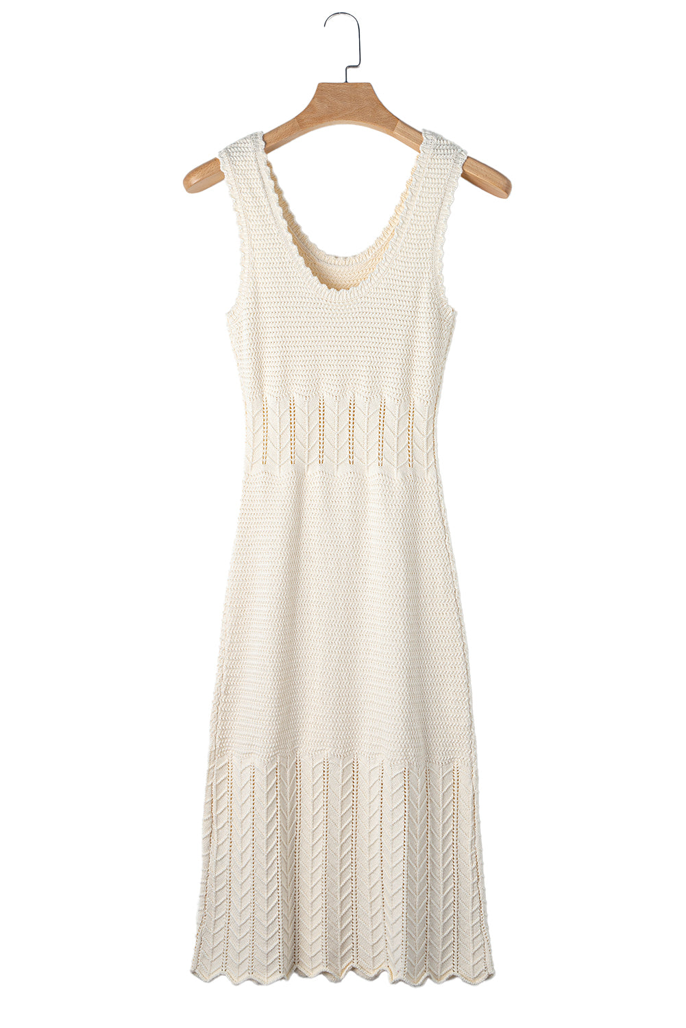 Beige Mix Texture Knitted Ruffle Hem Sleeveless Midi DressMaterial:89%Cotton+11%Polyamide

• Unique mix texture design gives this dress a modern edge, blending knit and ruffle elements seamlessly for a sophisticated look. 