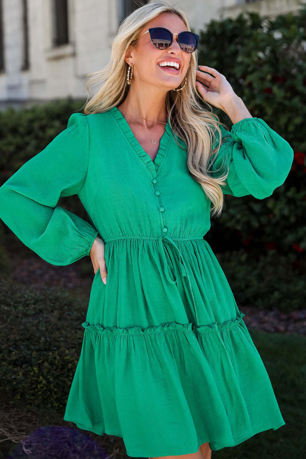 Sea Green Frill V Neck Puff Sleeve Drawstring Mini Dress