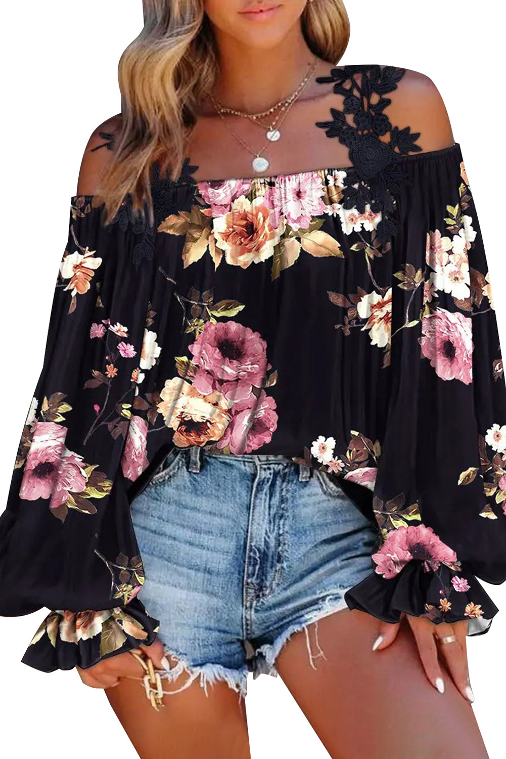 Black Floral Print Lace Loose Off Shoulder BlouseMaterial:100%Polyester



		The cold shoulder
design makes this blouse much sexier than you think
	
	
		The sleekness and
silkiness touch gives endless comfor