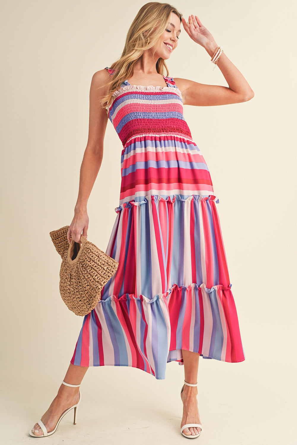 Red Stripe Ruffled Straps Smocked Tiered Midi DressMaterial:100%Polyester



		Embrace the timeless charm of the multicolor stripes pattern, making this long dress a classic and popular choice.
	
	
		Achieve a p